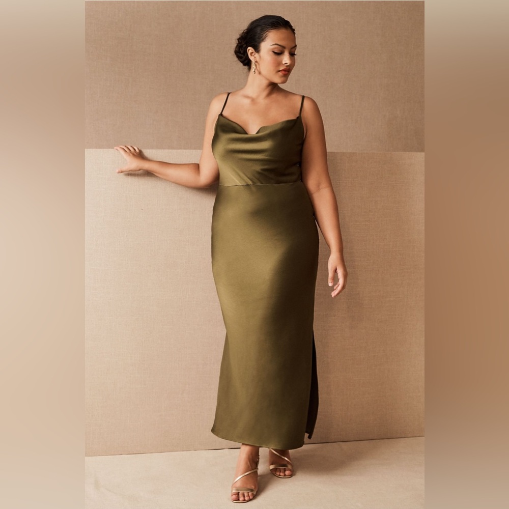 BHLDN Cali Midi Bridesmaid Dress in Moss Green Satin Charmeuse